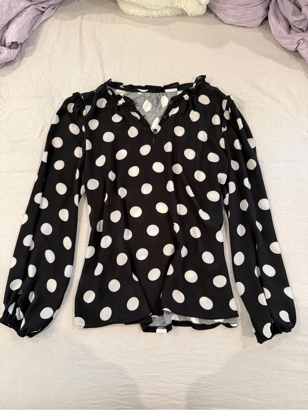 LOFT Black and White Polka Dot Long Sleeve Blouse